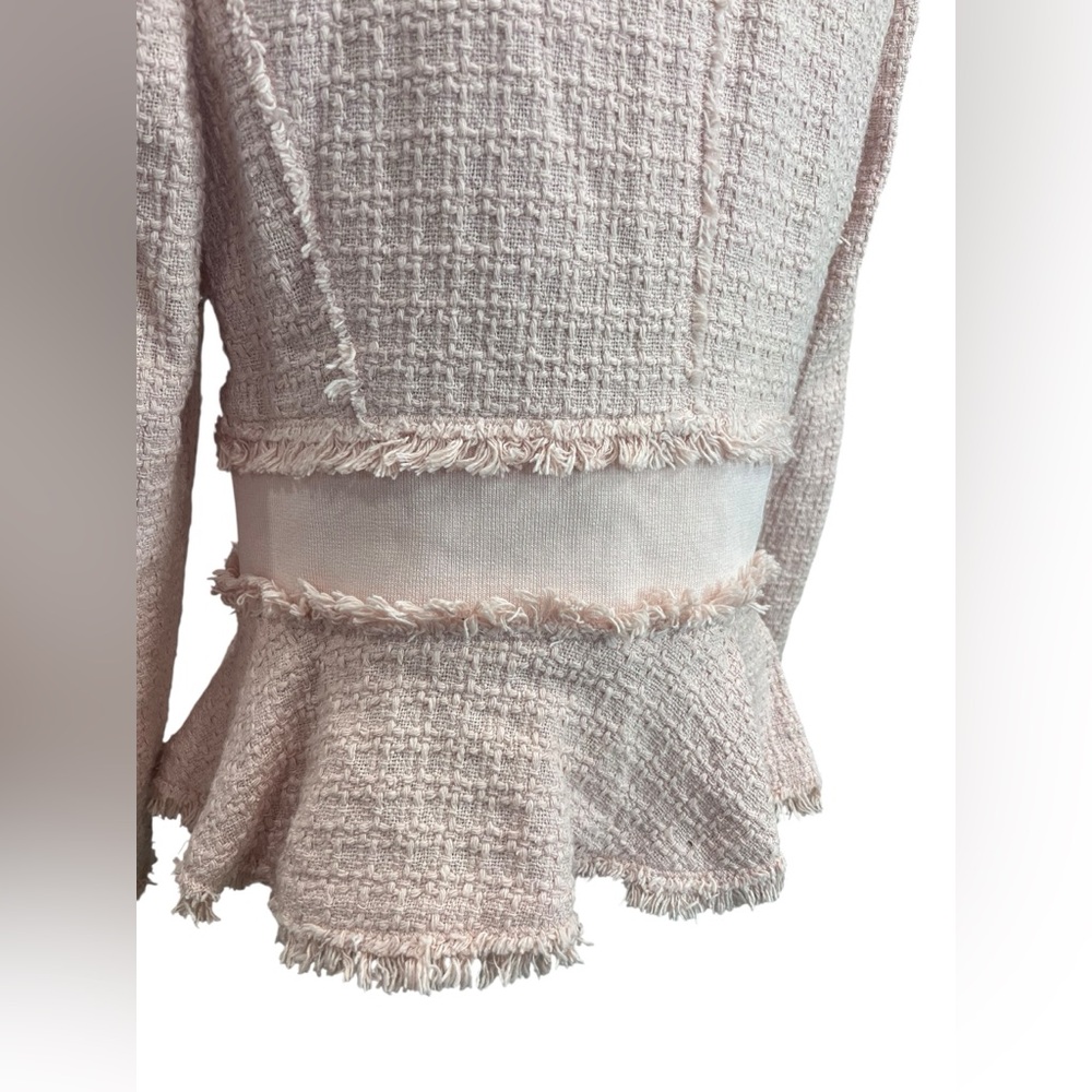Rebecca Taylor Pink Bouclé Tweed Peplum Blazer Fringe Jacket Women’s 10 - Picture 3 of 13